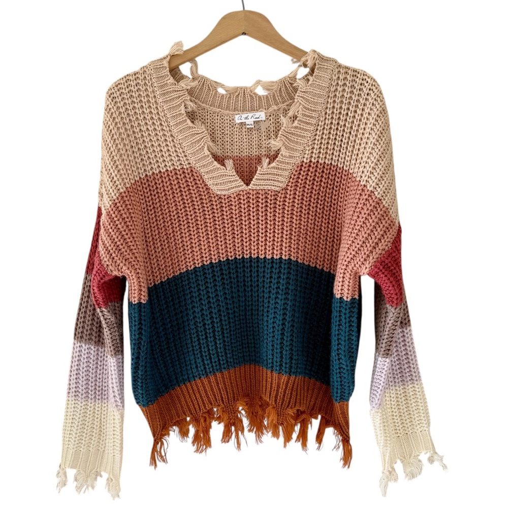 On The Road Colorblock V-Neck Knit Sweater Size M/L